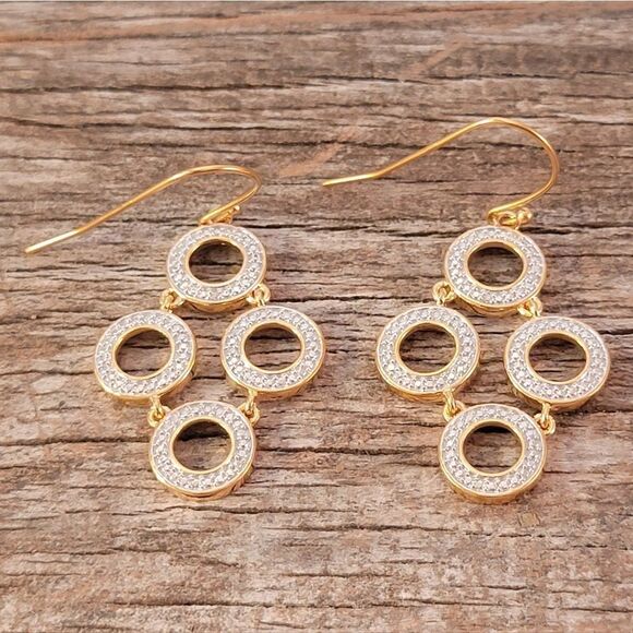 NEW Gold Over Sterling Two Tone Connected Four Circle Dangle Earrings - Picture 4 of 6
